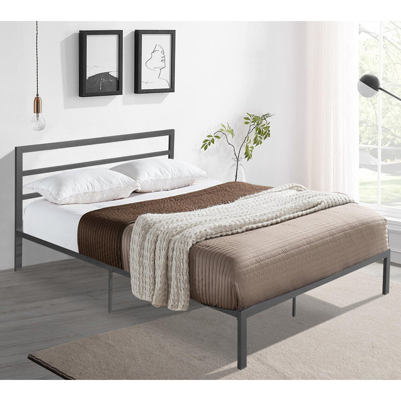 Grand cadre de lit en métal gris anthracite avec tête de lit