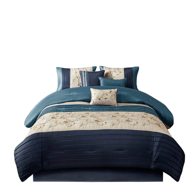 Embroidered 7 Piece Comforter Set Navy Queen