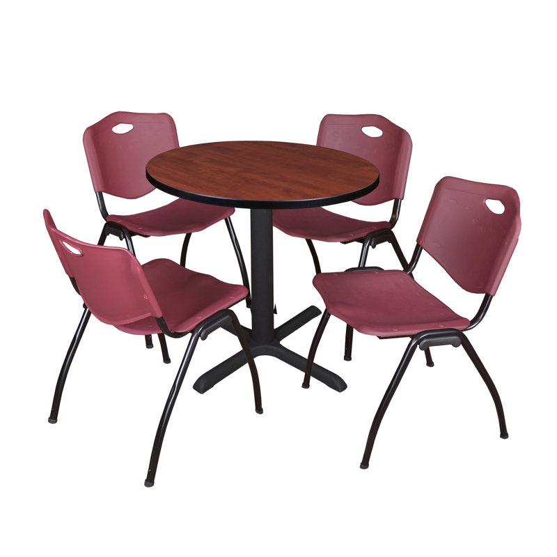 Cain Round X-Base Breakroom Table & 4 M Stack Chairs, Cherry