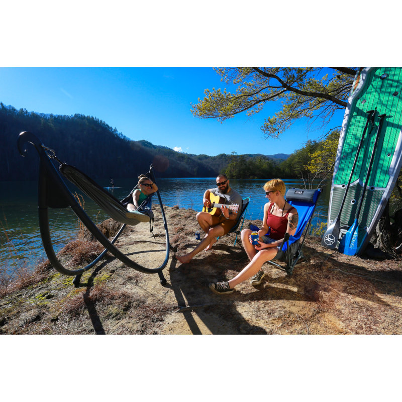 Charcoal Steel Outdoor Hammock Stand with Teal and Yellow Hammock