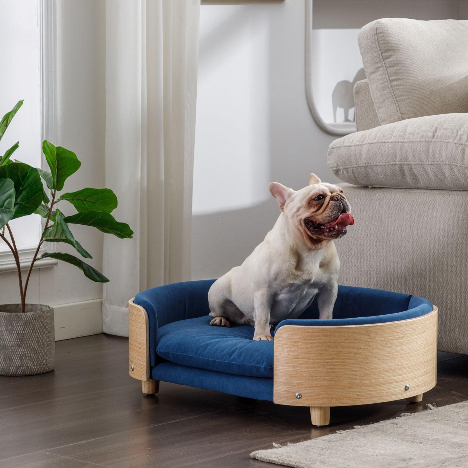 Inira Pet Bed, 26.38" W x 16.14" D x 9.84" H, Dark Blue/Natural