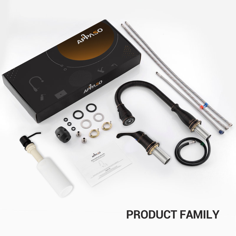 Robinet de cuisine rétractable à 3 trous avec pulvérisateur rétractable et distributeur de savon APPASO, Bronze huilé