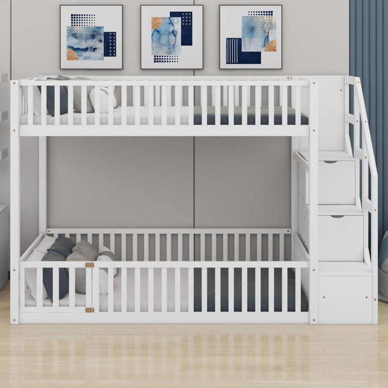 Lit superposé élégant avec rangement pour escalier intégré, Blanc