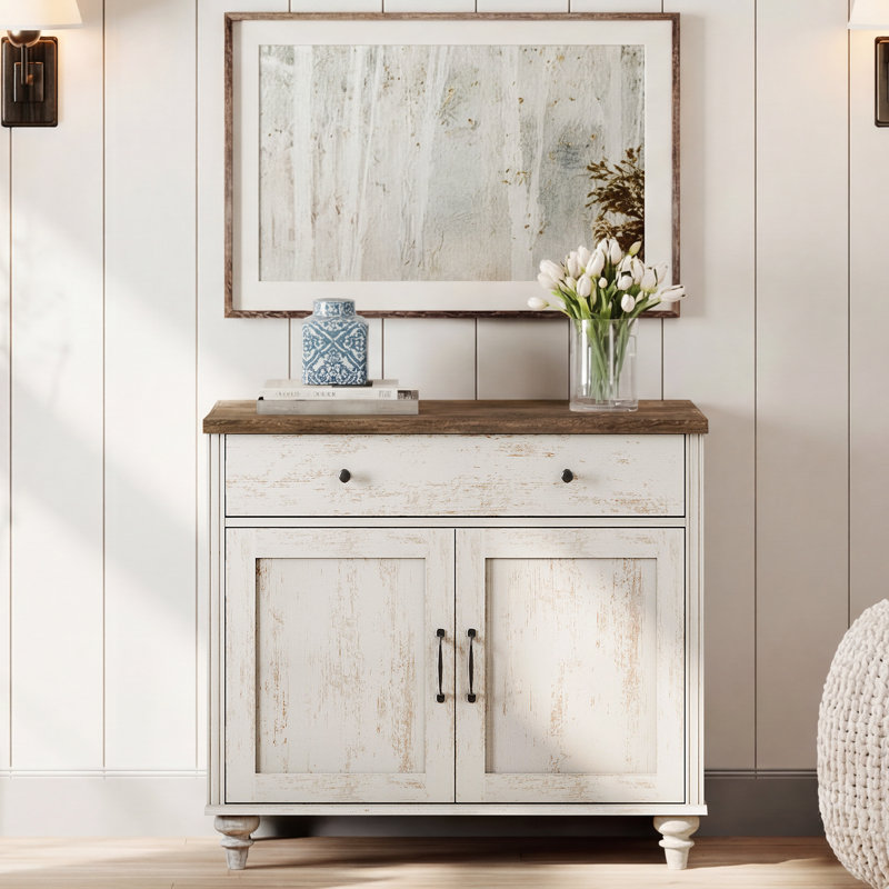 Commode pour bébé Corretta avec portes en bois, commode pour enfant avec grand tiroir, armoire en bois de style moderne du milieu du siècle, petite commode pour salon, chambre d'enfant, couloir, blanc rustique