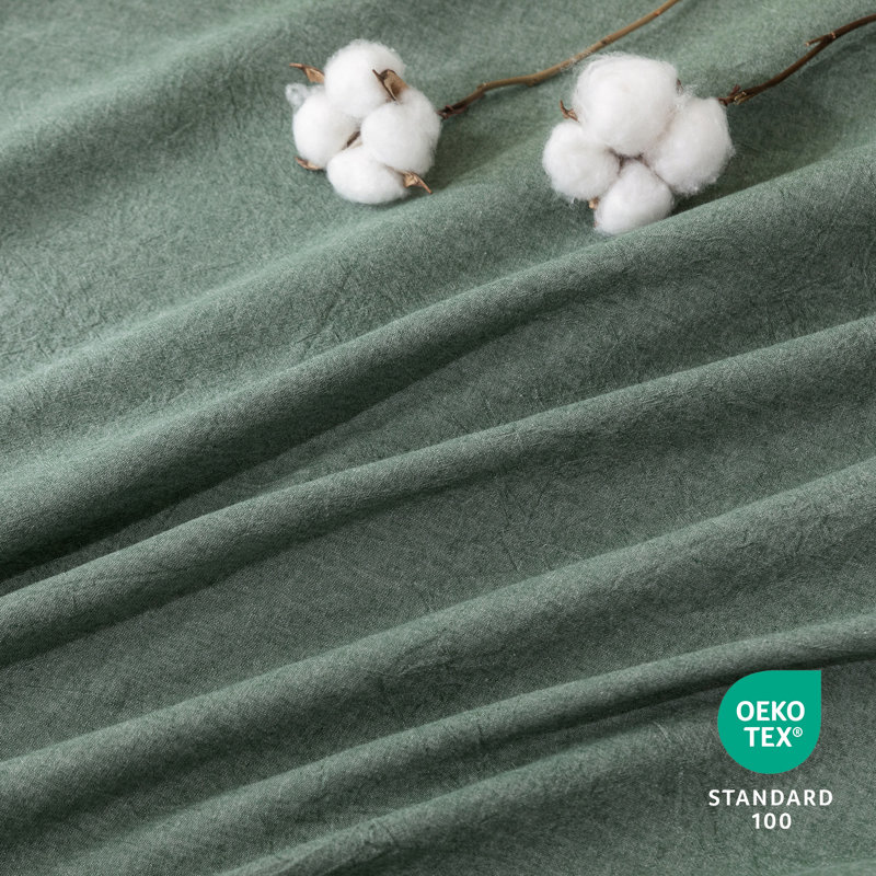 Solayne 100% Washed Cotton Duvet Cover Set with Faux Hemp Texture, Solid Color, Zipper Closure and Corner Ties, Green