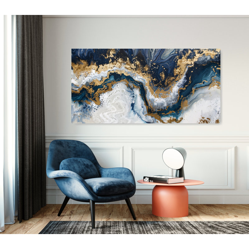 Géode abstraite, reproduction d'art sur toile ou marbre doré et bleu, Toile tendue, H 28 po x l 56 po