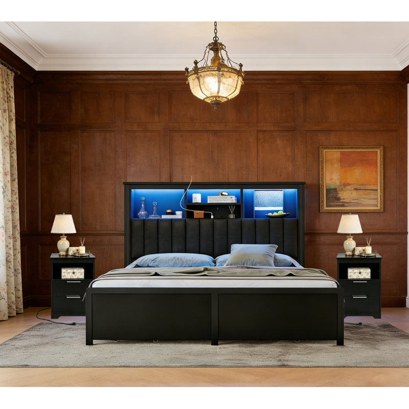 3-Piece King Bedroom Set with with LED light and Charging Station , 4 Storage Drawers, King