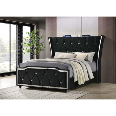 Upholstered Wingback Bed with Integrated LED Lighting
