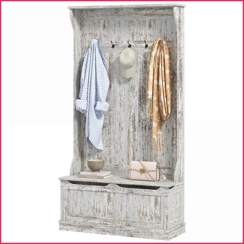 Hall Tree with Storage Bench, 3-in-1 Entryway Organizer 4 Hooks &amp; Shoe Storage, 38" Gray | Coat Racks | Gray, Gray