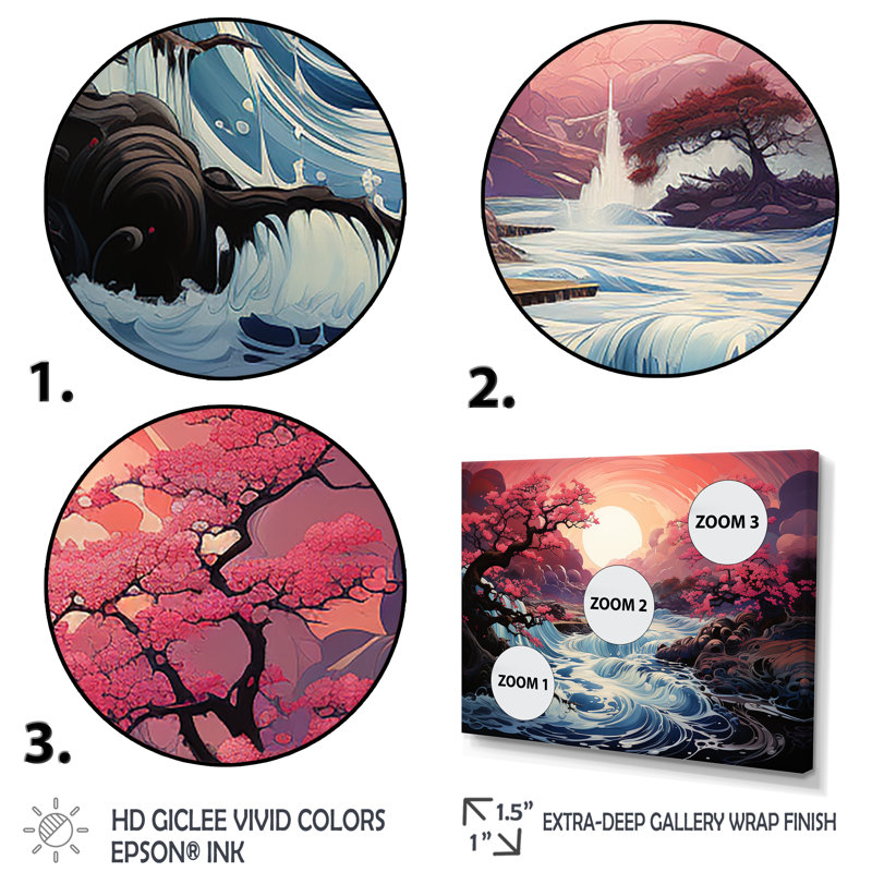 Japon, rivière rose, lever de soleil, rivière, art mural, Cadre de coin blanc fermé, H 30 po x l 40 po x P 1,5 po