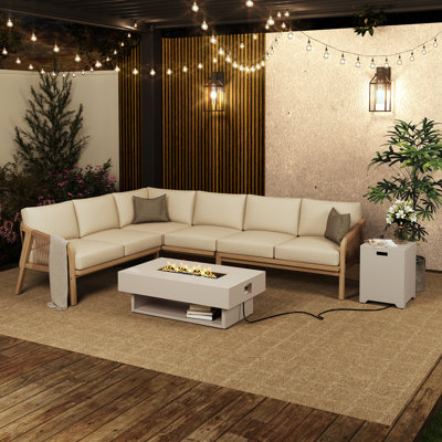 6-Seat Acacia Wood Outdoor Seating Set With Fire Pit Table And Propane Tank Holder