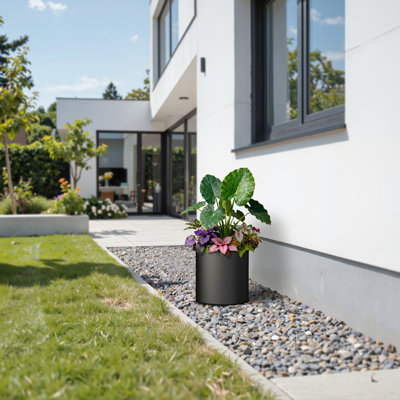 Pot à fleurs rond en béton gris anthracite (intérieur rehaussé) avec trous de drainage