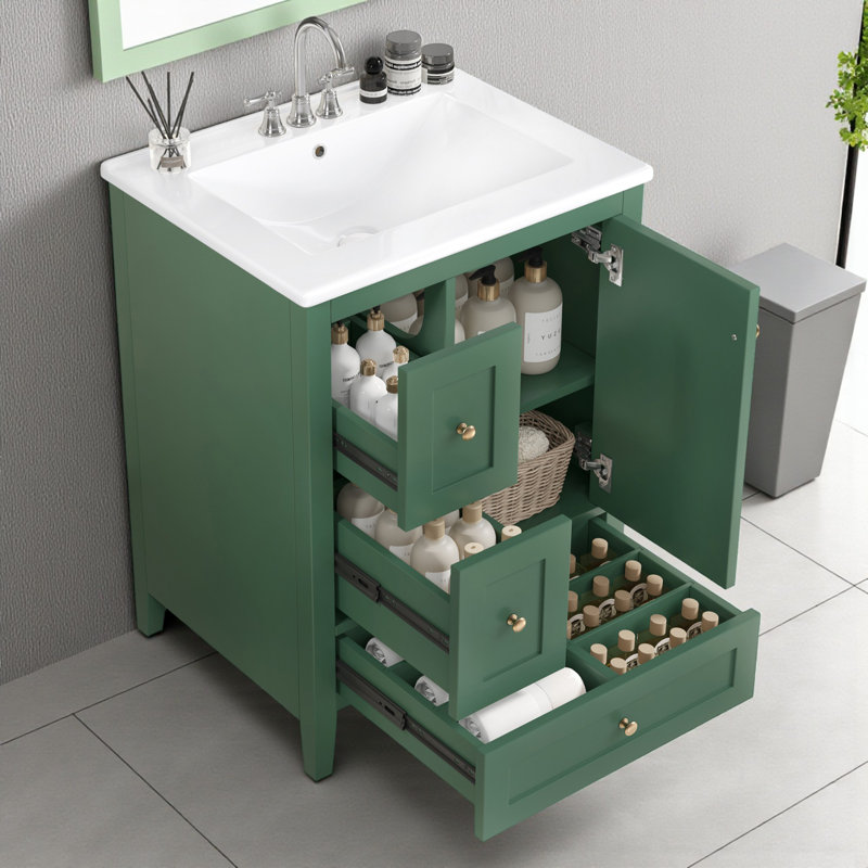 Ensemble de meuble-lavabo simple 24 "avec plateau en céramique, Vert foncé, Doré