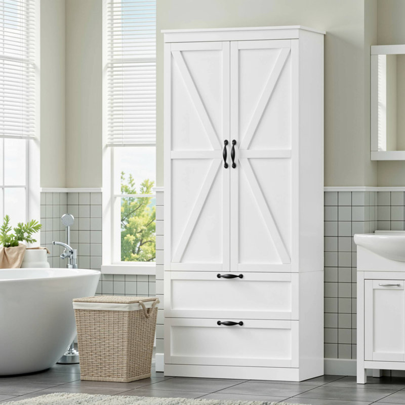 Armoire de salle de bain autoportante 70,3 po avec 2 tiroirs, Blanc