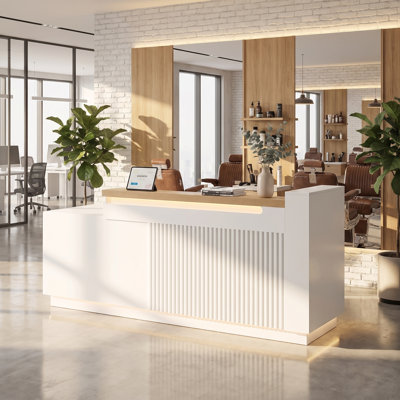Comptoir d'accueil moderne en forme de L avec éclairage DEL et chargeur intégré, comptoir de caisse blanc pour salon de coiffure, commerce de détail, bureau
