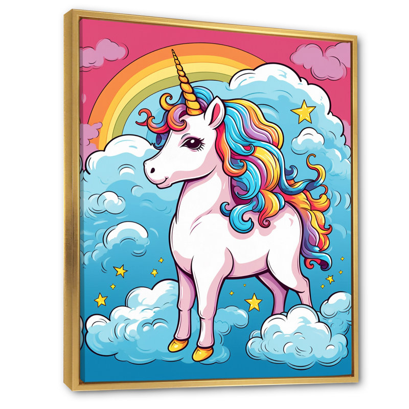 Adorable licorne et arc-en-ciel sur toile, H 40 po x l 30 po, Cadre flottant doré