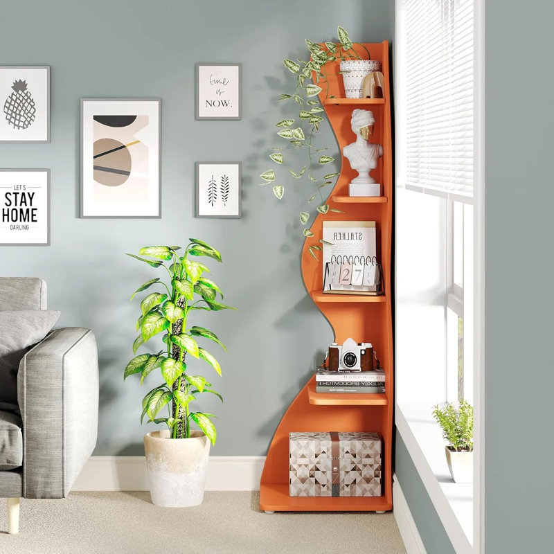 TribeSigns 5-Tier Corner Shelf, Modern Wall Corner Bookshelf Bookcase, Orange