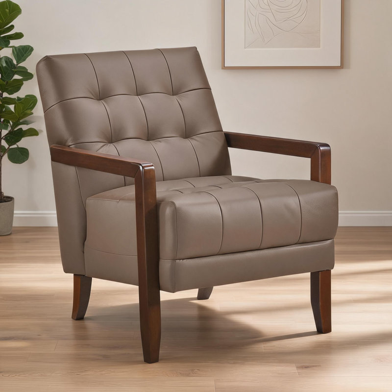 Accent Arm Chair for Living Room Rich Blue Tufted Leather Single Seating Walnut Frame, Brown