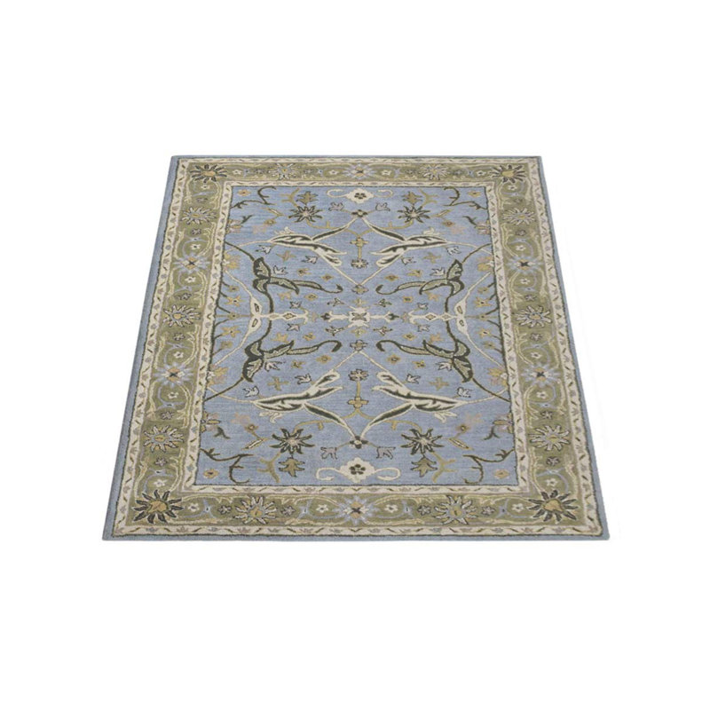 Tapis en laine touffetés à la main Costantino - Bleu et vert | Conception orientale | Tapis de salon, chambre à coucher