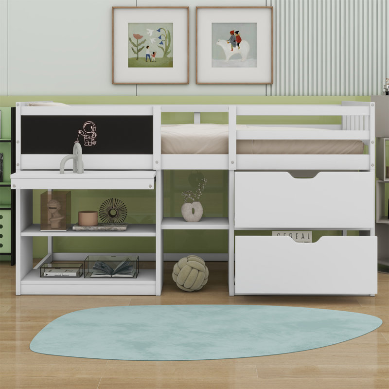 Lit mezzanine bas avec bureau roulant, tablette et tiroirs, Blanc