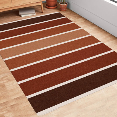 Tapis rouge / brun en polypropylène tissé à plat à rayures Rectangle