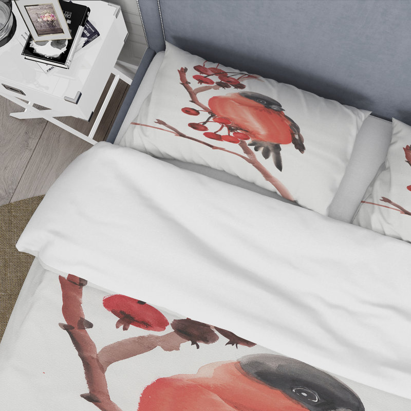 Bouvreuil rouge sur une branche avec des baies - ensemble de housse de couette traditionnel - microfibre de polyester
