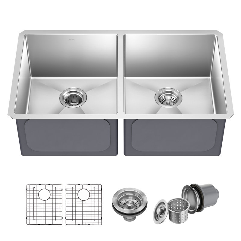 KRAUS Standart Pro Undermount 16 Gauge Stainless Steel Bar Kitchen Sink, 10"H x 19"W x 32.75"L, Double Equal Bowl