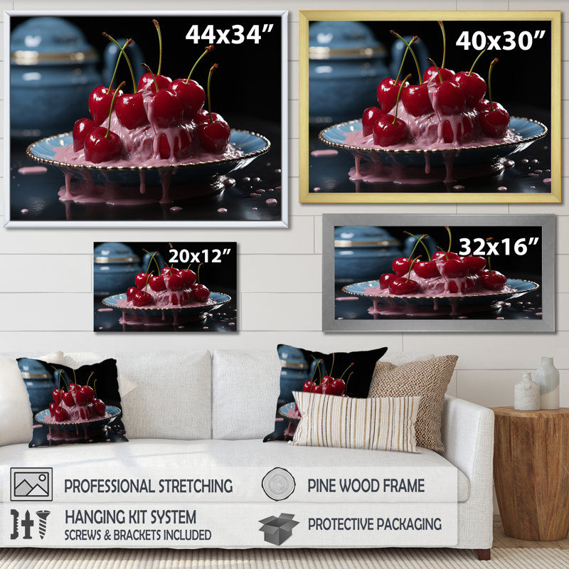 Cherry Sundae Dessert Explosion - Cherry Wall Art, 16" H x 32" W x 1" D, Black Floater Framed