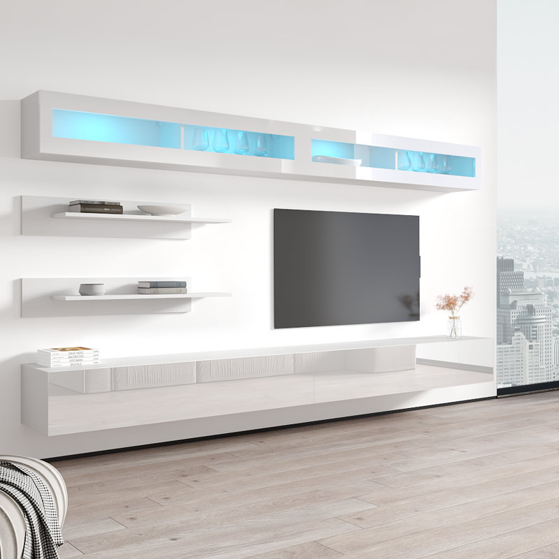 Waconia 126" Modern Floating Wall Mounted Entertainment Center with 16-Color LED Lighting, High Gloss Finish, White
