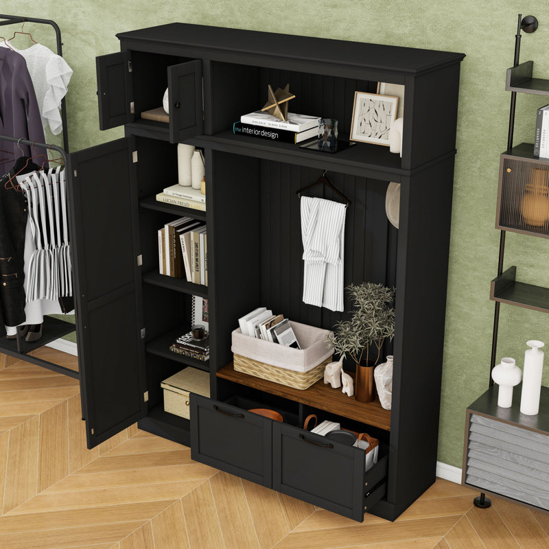 Multi-Functional Hall Tree with Overhead Storage, Adjustable Compartments and Drawers, Black