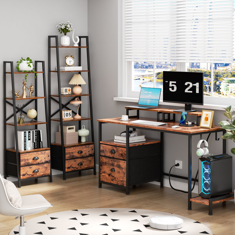 Bureau d'ordinateur 47 po avec 2 supports pour écran, table de travail pour bureau, brun rustique, Brun rustique / noir