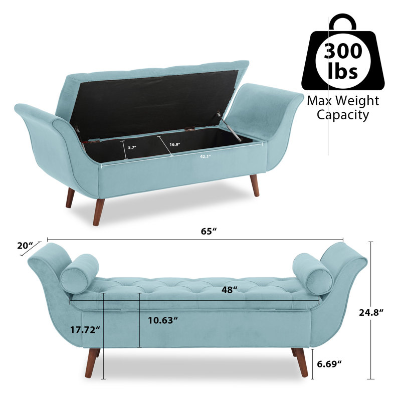 Blue Velvet Upholstered Storage Bench with Roll-Arm