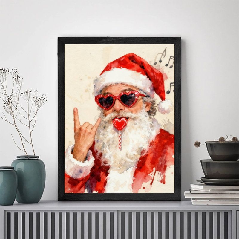 Père Noël noir encadré noir avec tendres impressions ludiques, H 17 po x l 13 po