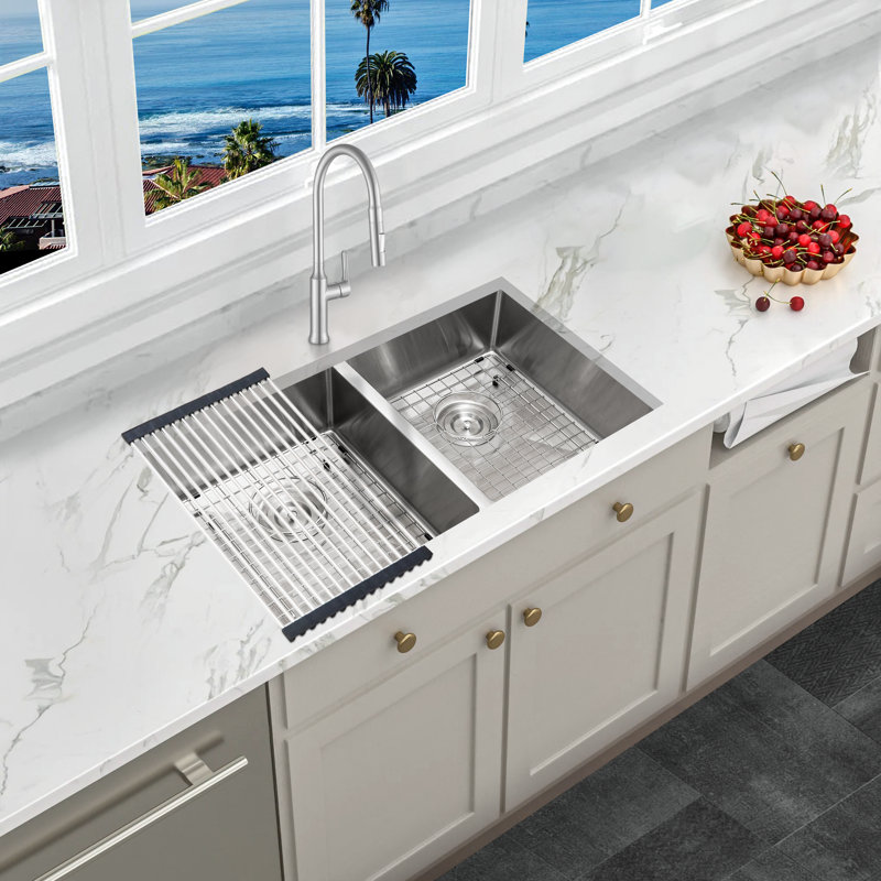 KBFmore Bowl Stainless Steel Kitchen Sink with Accessories, 31"L x 18"W x 5.5"H - Double Bowl, 7 Piece