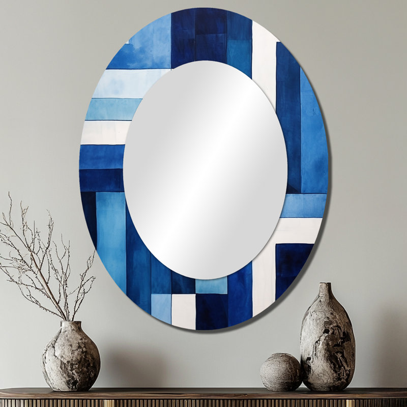 Symétrie saphir bleu et blanc - Miroir décoratif ovale abstrait sur métal, 40 po x 30 po