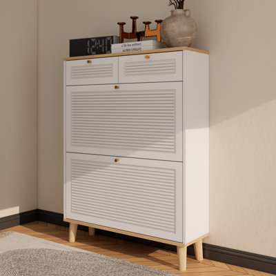 Narrow Shoe Cabinet With 2 Flip-Up Doors And 2 Drawers, Freestanding Entryway Shoe Organizer With Wood Legs, White And Natural Finish | Gift Idea