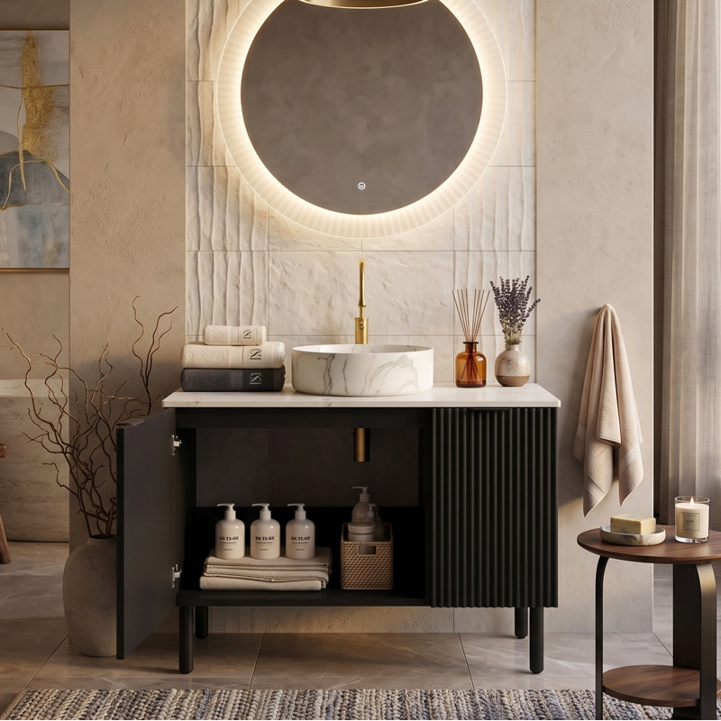 30" Freestanding Bathroom Single Vanity With Round Ceramic Sink, Storage Cabinet With 1 Soft-Close Door, Black