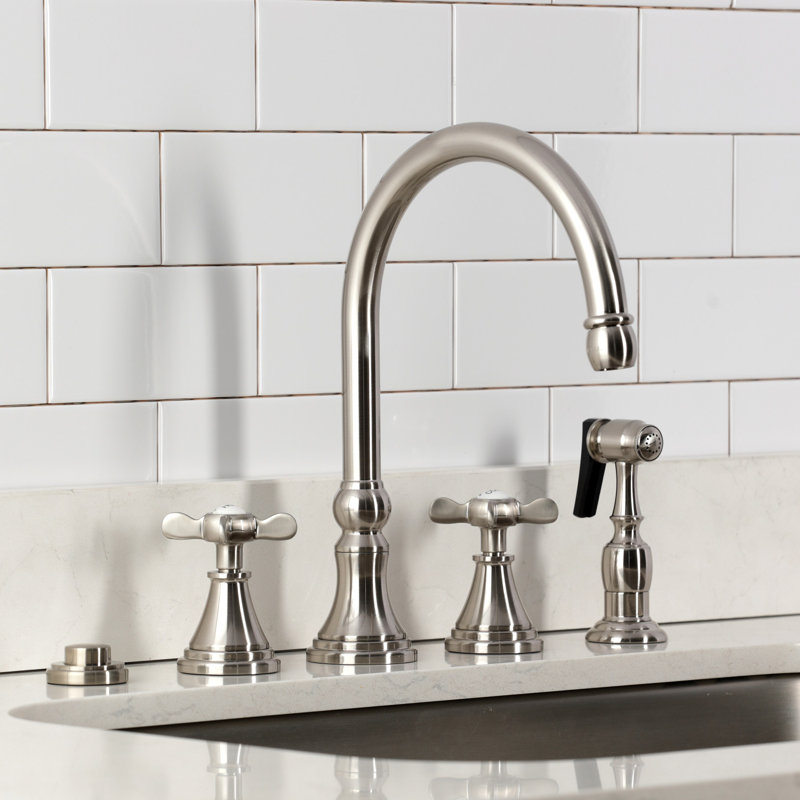Kingston Brass Essex Double-Handle 4-Hole Widespread Kitchen Faucet With Brass Sprayer, Polished Nickel