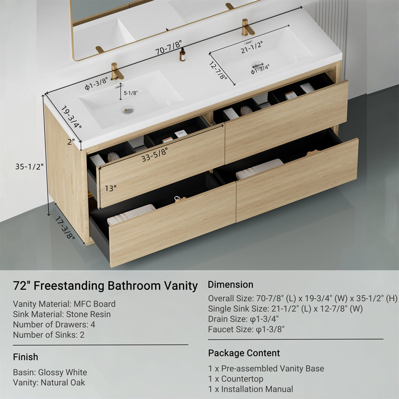 Meuble-lavabo autoportant 72 po avec lavabos doubles 72 po