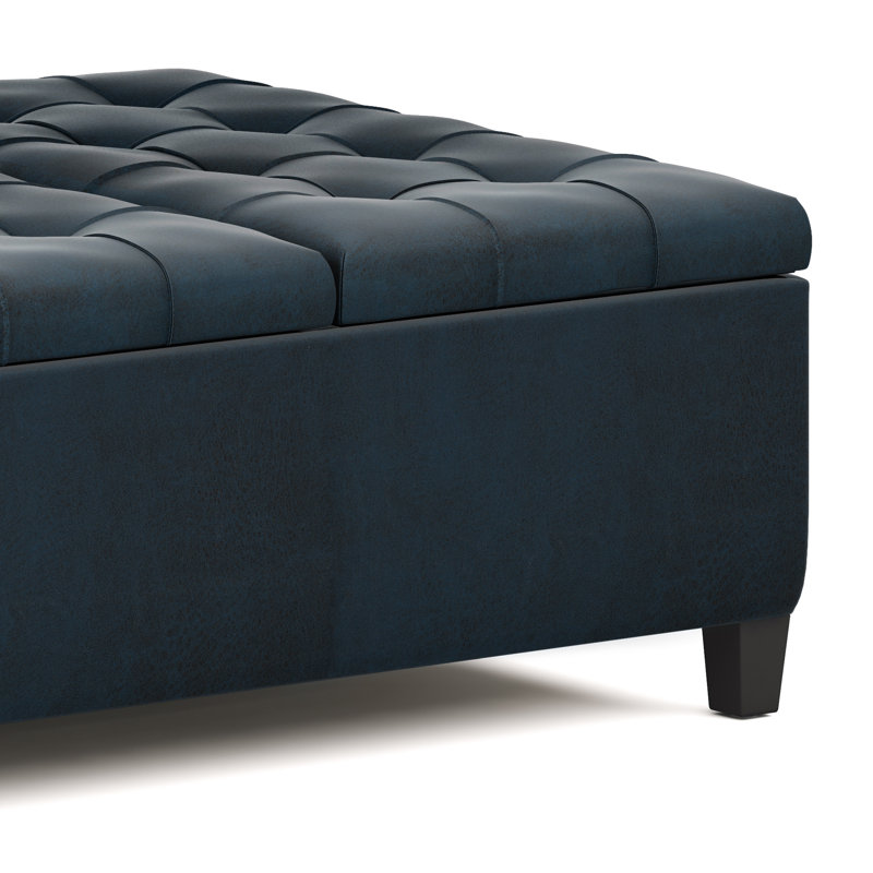 Distressed Dark Blue Tufted Faux Leather Cocktail Ottoman