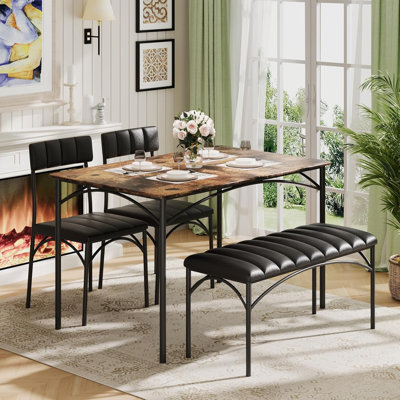 Ensemble de table de salle à manger 5 pièces pour 4-6, table de cuisine de 43 po avec 2 chaises et banc, dossier et coussin en polyuréthane, structure en métal et table de salle à manger pour petits espaces, appartement, brun