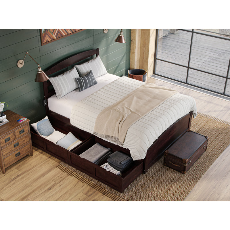 Lit plateforme avec rangement en bois massif Elliana, gris, Grand