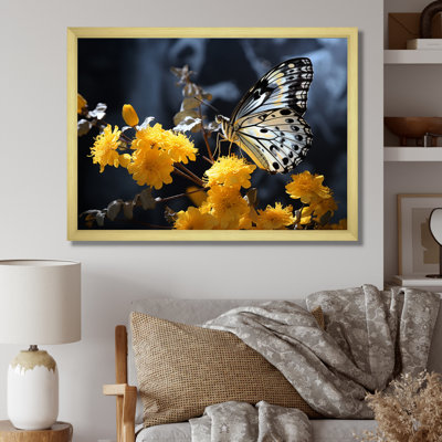 Samaj " Yellow Grey Butterfly Haven I " Mixed Media Print