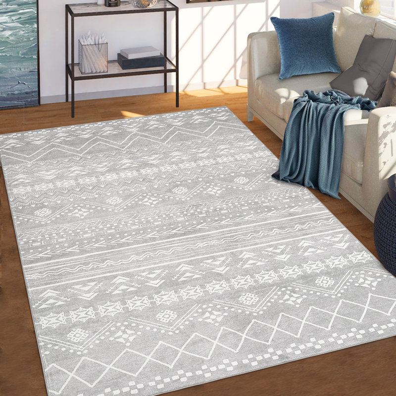 Printed Area Rug, Washable Geometric Low Profile Non Slip Foldable Indoor Carpet, Stain Resistant, Grey Tone, 8'x10', Gray