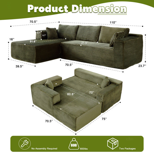 Latitude Run® Compression Sectional Couch With Comfy Chaise, Boneless L ...