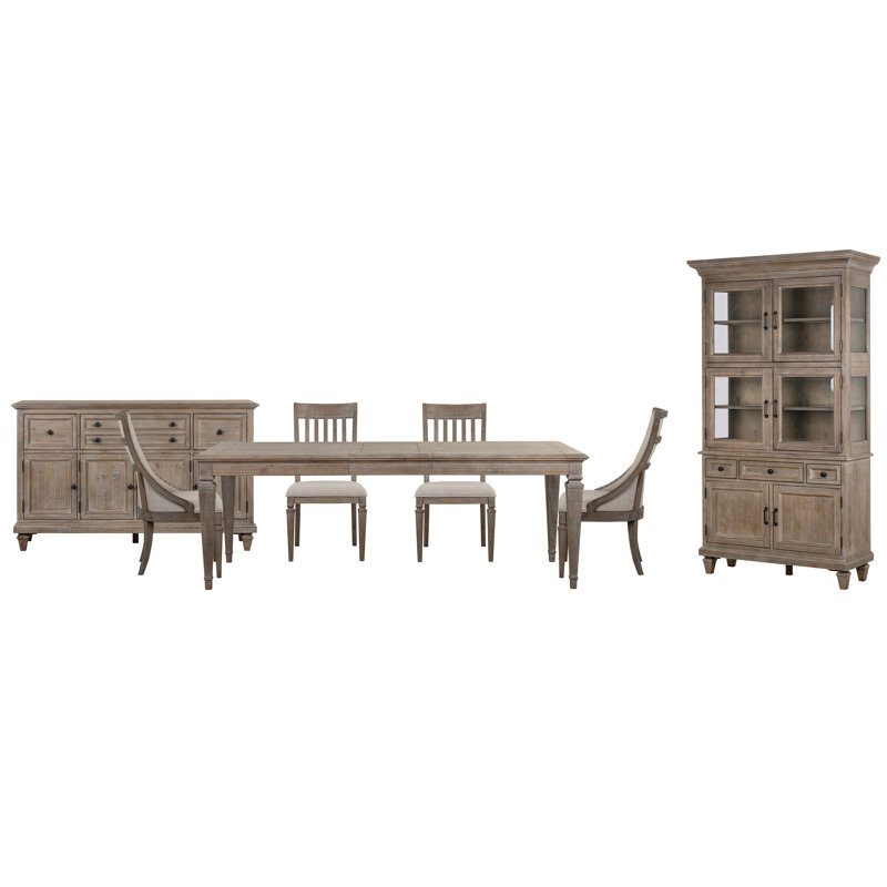 Extendable Rectangular Dining Table With 2 Side Chairs 2 Arm Chairs Buffet And Dining Cabinet