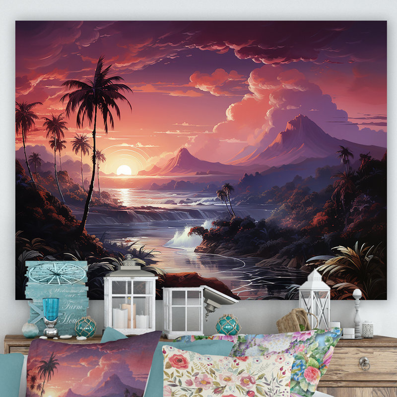 «Abstract Hawaii Palm Tree Sunset I», reproduction sur toile, Toile tendue, H 34 po x l 44 po x P 1,5 po