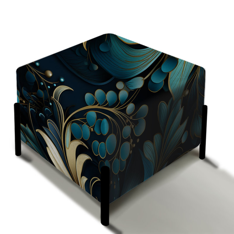 Repose-pieds carré fleuri bleu profond et blanc