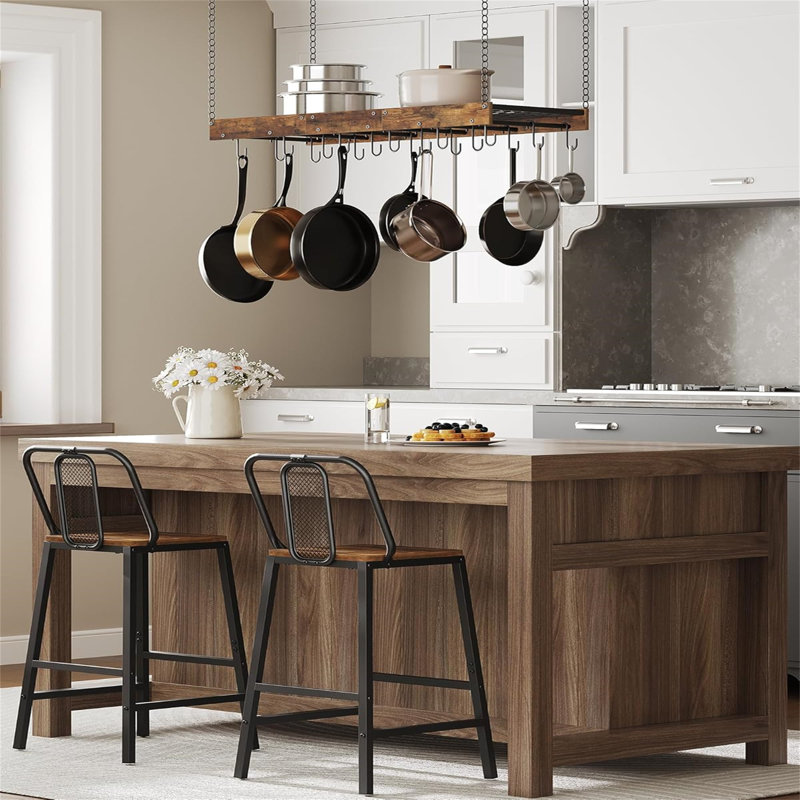industrial style ceiling/wall mounted pot rack with hooks for kitchen storage, space saving, practical and beautiful.