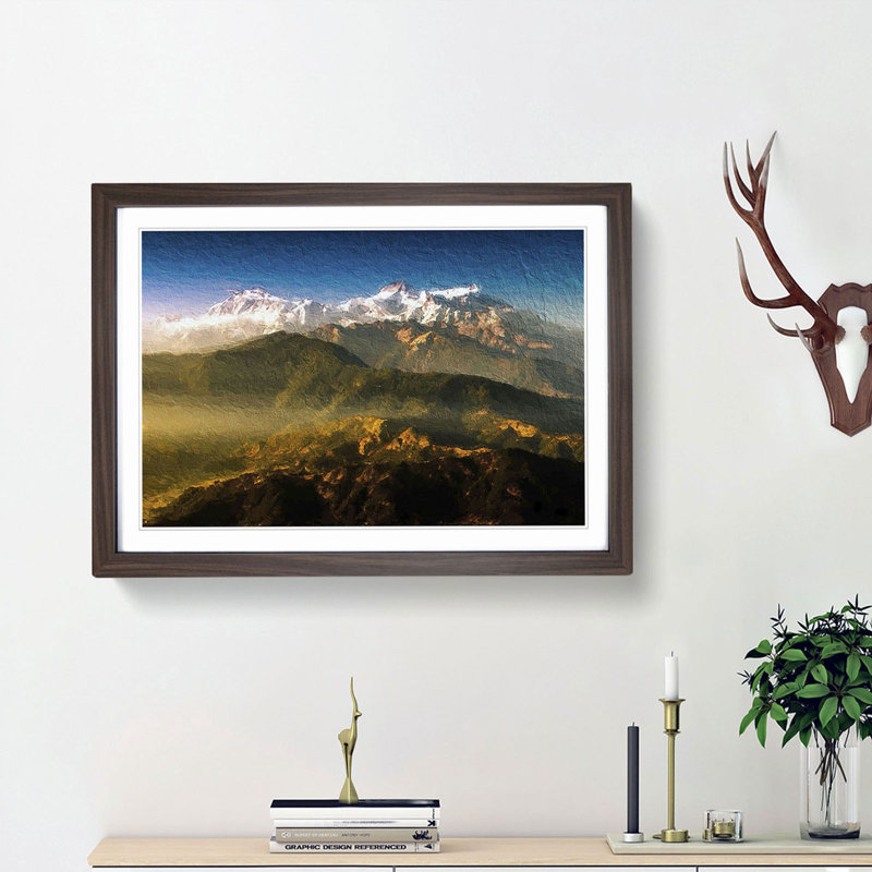 Sunlight Bathing the Mountains in Nepal - Picture Frame Painting Print, 27cm H x 36cm W x 2cm D, Walnut Framed